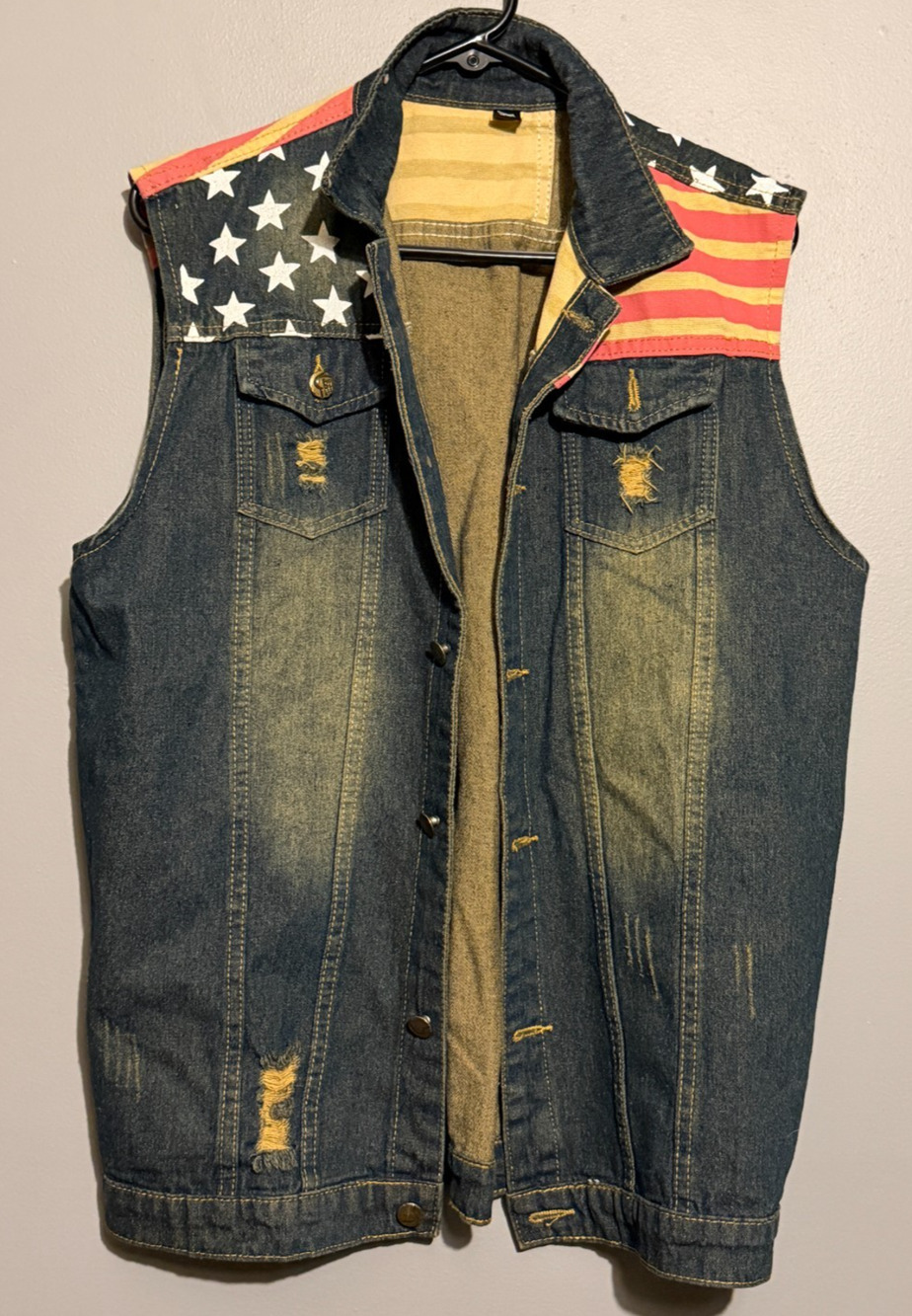 eBay title American Flag Denim Vest Distressed Stars Stripes Sleeveless Biker